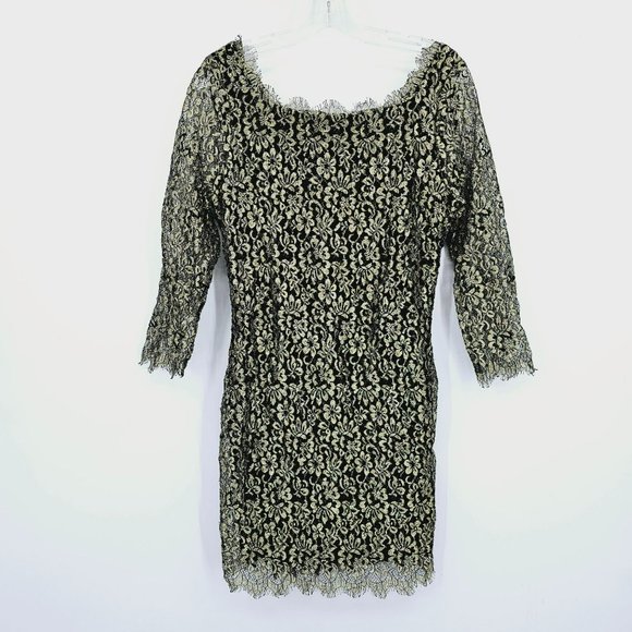Diane Von Furstenberg Zarita Lace Dress 14 Black Gold Back Zip Eyelash Floral - Picture 1 of 15